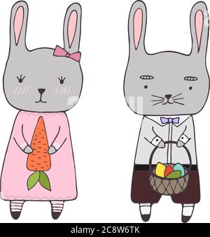 Handrawn clipart with easters elements - bunny girl and boy, carot and basket with eggs, vector clipart Stock Vector