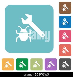 Flat bug fixing icons on rounded square color backgrounds. Stock Vector
