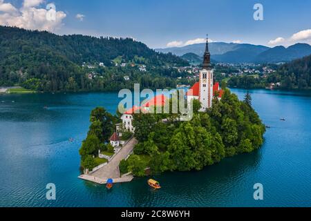 Lake Bled, Slovenia - Aerial view of beautiful Lake Bled (Blejsko Jezero) with the Pilgrimage Church of the Assumption of Maria on a small island with Stock Photo