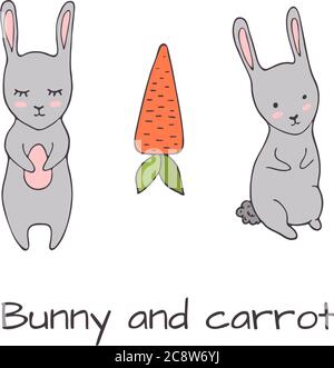 Handrawn clipart with easters elements - bunny and carrot, vector clipart Stock Vector