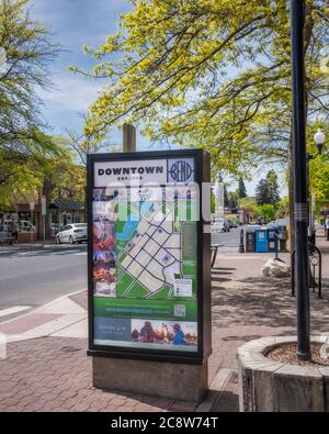 BEND, UNITED STATES - May 10, 2020: Local directory kiosk along Wall Street in downtown Bend Oregon Stock Photo