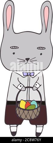 Handrawn clipart with easters elements - bunny boy with basket with eggs. Vector clipart Stock Vector