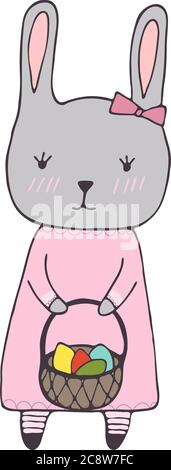 Handrawn clipart with easters elements - bunny girl with basket with eggs. Vector clipart Stock Vector