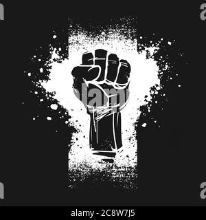 Raised fist illustration, as a symbol for resistance, on black background. Black Lives Matter banner. Stock Photo