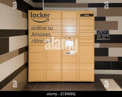 La Spezia, Italy - July 27, 2020 - An Amazon Locker inside an Italian mall. This service is used to pick up orders made on the online marketplace Stock Photo