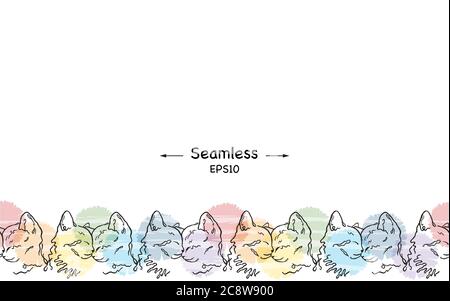 seamless illustration/ simple line design/ two cute kittens together/ love/ floral background Stock Photo
