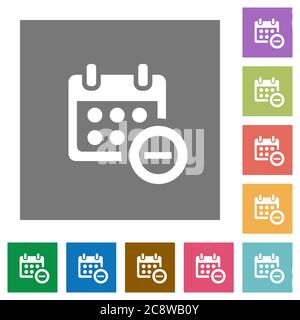 Remove from calendar flat icon set on color square background. Stock Vector