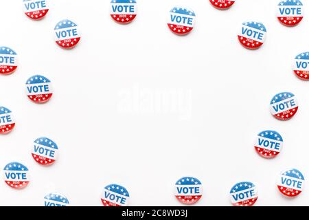 Round frame of red, white, and blue vote buttons on background Stock Photo