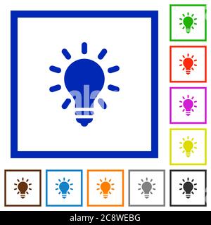 Set of color square framed lighting bulb flat icons Stock Vector