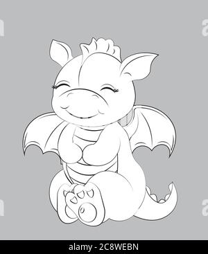Cute baby dragon Coloring book, Picture in hand drawing cartoon style, for t-shirt wear fashion print design, greeting card, postcard. baby shower. pa Stock Vector