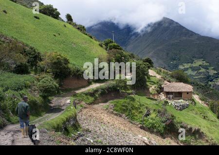 Landscape near Los Nevados village in andean cordillera Merida state Venezuela. Los Nevados, is a town founded in 1591, located in the Sierra Nevada National Park in Mérida, Venezuela, located 2,710 meters above sea level and with a population of 2000 inhabitants. its name comes from the glaciers of the peaks León, Toro and Espejo that could be seen from Los Nevados before their disappearance in the 1960s . the main activity of the area is tourism, with its horse and donkey rides via the cable car station Loma Redonda. Its inhabitants are also engaged in farming, especially the cultivation of Stock Photo