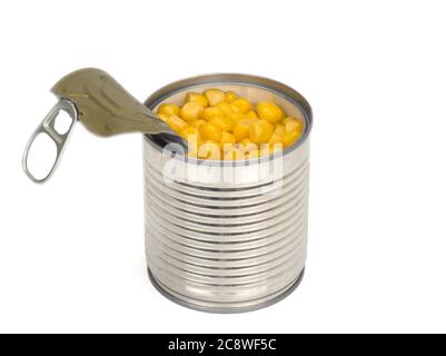 sweet corn in metal cans isolated on white background, Top view Stock Photo