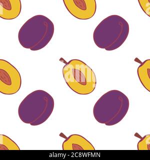 Fruit plum seamless pattern, great design for any purposes. Hand drawn fabric texture pattern. Healthy food background. Vector flat style summer graphic. On white background. Stock Vector