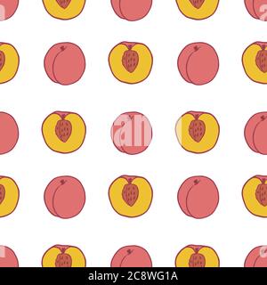 Fruit peach seamless pattern, great design for any purposes. Hand drawn fabric texture pattern. Healthy food background. Vector flat style summer graphic. On white background. Stock Vector