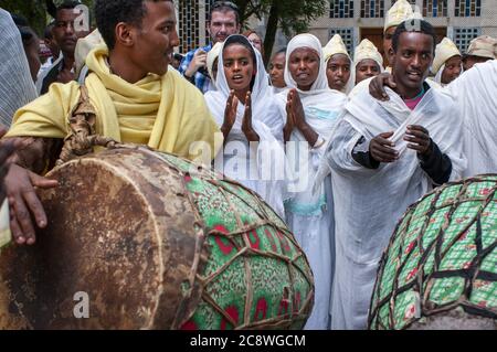 Wedding in St Mary of Zion church in Aksum or Axum in Ethiopia. Some ...