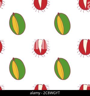 Fruit mango and rambutan seamless pattern, great design for any purposes. Hand drawn fabric texture pattern. Healthy food background. Vector flat style summer graphic. On white background. Stock Vector