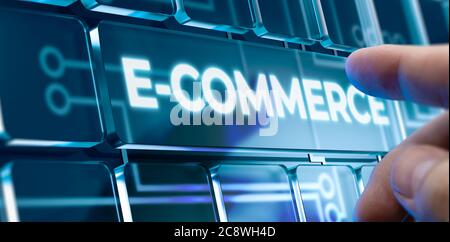 Man Using a E-Commerce System by Pressing an E-Commerce Button on Futuristic Interface. Business Concept Stock Photo
