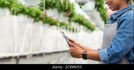 Modern devices for work in greenhouse. Smiling girl with tablet working in greenhouse Stock Photo