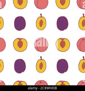 Fruit plum and peach seamless pattern, great design for any purposes. Hand drawn fabric texture pattern. Healthy food background. Vector flat style summer graphic. On white background. Stock Vector