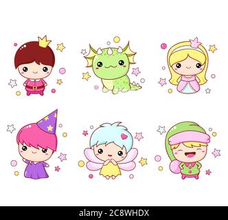 Set of kawaii fairy tale characters. Little fairy, prince, princess, dragon, wizard and elf. Cute fairytale collection. Vector EPS8 Stock Vector