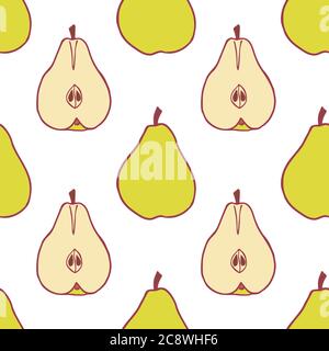 Fruit pear seamless pattern, great design for any purposes. Hand drawn fabric texture pattern. Healthy food background. Vector flat style summer graphic. On white background. Stock Vector