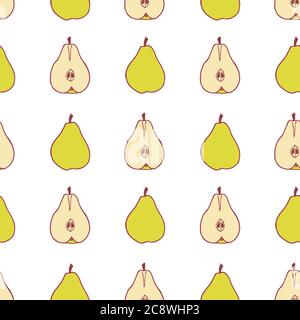Fruit pear seamless pattern, great design for any purposes. Hand drawn fabric texture pattern. Healthy food background. Vector flat style summer graphic. On white background. Stock Vector