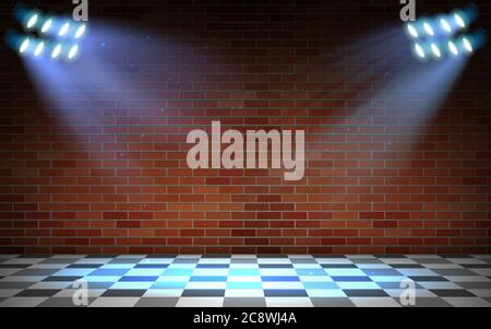 blue spotlight on the brick wall in the studio room Stock Vector