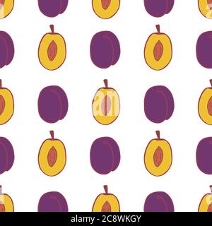 Fruit plum seamless pattern, great design for any purposes. Hand drawn fabric texture pattern. Healthy food background. Vector flat style summer graphic. On white background. Stock Vector