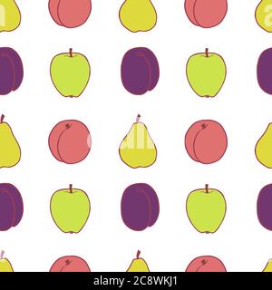 Fruit plum, pear, peach and apple seamless pattern, great design for any purposes. Hand drawn fabric texture pattern. Healthy food background. Vector flat style summer graphic. On white background. Stock Vector