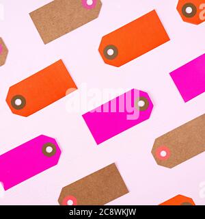 Blank label tag isolated on pink background. Price tag. Sale concept. Stock Photo