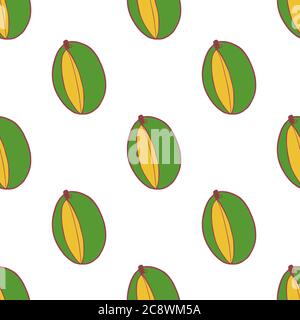 Mango Fruit seamless pattern, great design for any purposes. Hand drawn fabric texture pattern. Healthy food background. Vector flat style summer graphic. On white background. Stock Vector