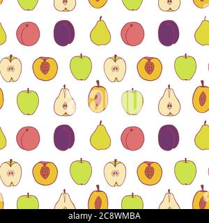 Fruit plum, pear, peach and apple seamless pattern, great design for any purposes. Hand drawn fabric texture pattern. Healthy food background. Vector flat style summer graphic. On white background. Stock Vector