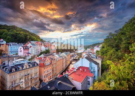 Karlovy Vary, Czech Republic. Aerial image of Karlovy Vary (Carlsbad), located in western Bohemia at beautiful sunset. Stock Photo