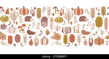 Autumn seamless vector border. Seamless Thanksgiving fall pattern corn tree pumpkin pear sunflower acorn greeting card repeating design. Harvest Stock Vector