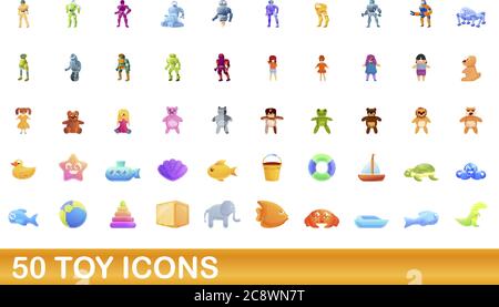 50 toy icons set. Cartoon illustration of 50 toy icons vector set isolated on white background Stock Vector
