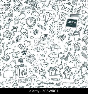 school doodle icons seamless pattern background. hand drawn education sign and stationery supply item and equipment symbols isolated on white Stock Vector