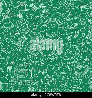 Earth day doodles seamless pattern background. hand drawn of Earth day, Ecology , go green, clean power doodle set isolated on green background Stock Vector