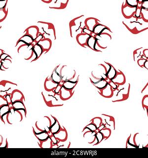 Vector Japanese drama Kabuki face seamless pattern background. Red and black theatre masks scattered on white backdrop. Hand drawn stylised aragoto Stock Vector