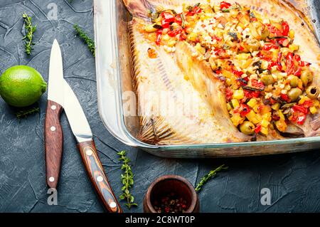 Appetizing flounder or flat-fish baked with vegetables.Fried fish with vegetable filling Stock Photo