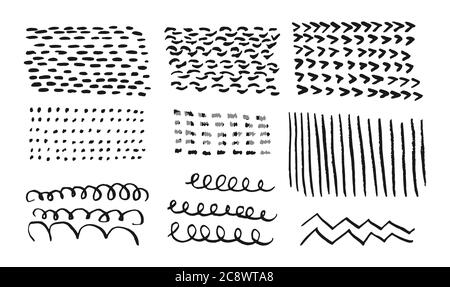 Set of hand drawn doodle elements dot, brush strokes, paint dabs, wavy lines. Ink creative drawing great for abstract backgrounds, patterns for cards backdrop. Isolated on white vector illustration Stock Vector