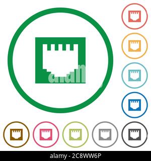 Set of ethernet connector color round outlined flat icons on white background Stock Vector