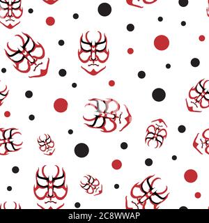 Vector Japanese drama Kabuki face seamless pattern background. Red and black theatre masks and circles on white backdrop. Hand drawn stylised aragoto Stock Vector