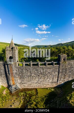 Aerial view of an empty reservoir with old dam wall (Upper Neuadd Reservoir, Brecon Beacons, Wales) Stock Photo