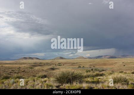 Dramatic, rugged desert landscape with barren grassland, distant mountains and dark, stormy rain clouds Stock Photo