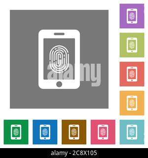Smartphone fingerprint identification flat icon set on color square background. Stock Vector