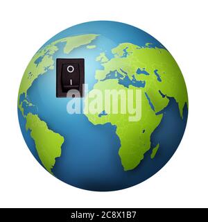 Conceptual illustration of a globe surface with a power switch Stock Photo