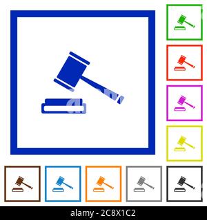 Set of color square framed auction hammer flat icons Stock Vector