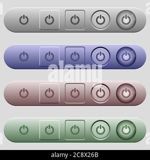 Power switch icons on rounded horizontal menu bars in different colors and button styles Stock Vector