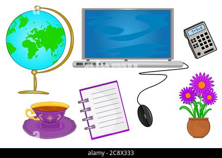 Set of office supplies isolated on white background. Globe, laptop, coffee, notebook, mouse, calculator and flower. To do list. Back to school. Vector Stock Vector