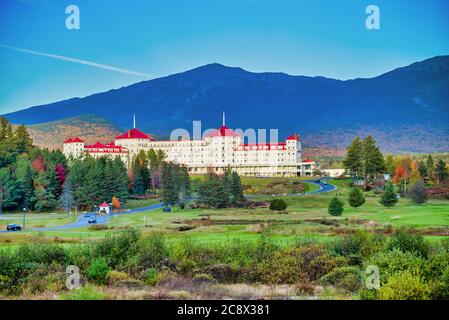 BRETTON WOODS, NH - OCTOBER 2015: Omni Mount Washington Resort features a restaurant, bar, garden and is a famous tourist attraction. Stock Photo